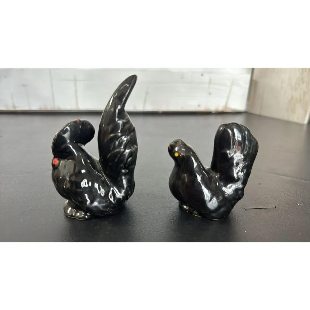 Vintage Matching Rooster & Hen Black Ceramic 1950's-1960's